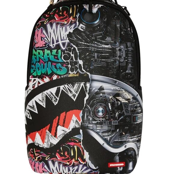 Sprayground Split Cyber Shark Backpack🔥New Black Bookbag Large School Bag - Picture 1 of 9